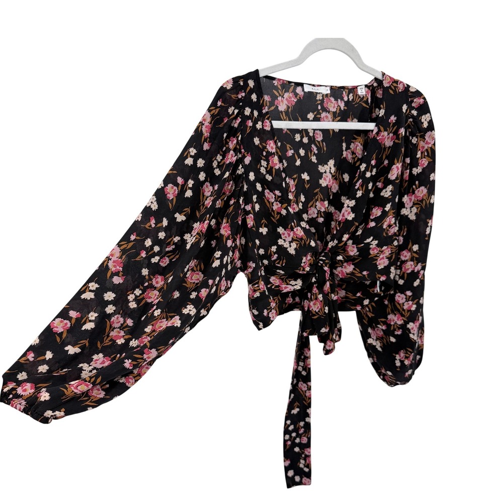 A.L.C. Carla Black Floral 100% Silk Tie Front Wrap Crop Top Bishop Sleeve Size 6